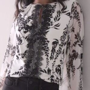 Black & White Elegant V-neck or buttoned top. Transparent sleeves cinch-ends.